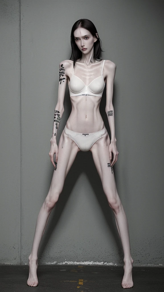a woman, very thin body, body visible bones, very slender , sweaty weat body, pale white skin, panties, bra,tatto, standing in a prison setting, full body,