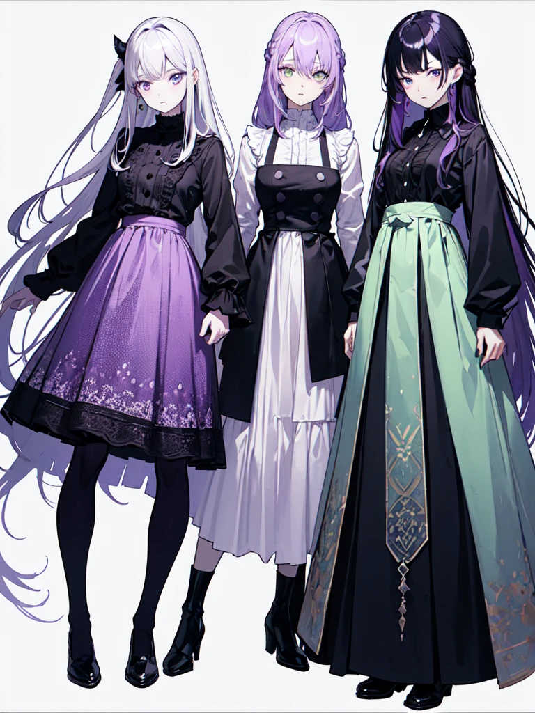 sketch (Character design sheet, same characters, whole body, Three-View, front, ~ ~ ~ side, return),(Very bright:1.1), White Background, [1 Girl:7], (Tilt your head:1.2), ([sketch|watercolor \(Moderate\)]:1.15),full body, Full bangs, Gradient braided hair, (Light purple hair), (Ink blotches:1.1), (pale:1.2),(Light purple:1.2),(Light green:1.2)　and full body, Artistic elements add depth to the work. The overall atmosphere is creepy and nightmarish..., With a unique artistic touch. This movie is、The dark and crazy world of horror movies depicted in HD., Evoke visual stimuli and aesthetic sense, It will terrify and excite the audience....,watercolor画, （Lightless, Eyes without highlights, Evil Eye, A bad looking person with white eyes, It&#39;s a red eyeliner）,whole body絵, Wearing a maid outfit and （Mature face,tall, Wearing black tights,Green Eyes, The skin is hidden　and maid, The background is a dark and desolate landscape, Horror movie atmosphere. Her figure is extremely beautiful, Emphasizing the dark and crazy elements. Skillfully expressing the effects of light and shadow, detailed, The face and expression of the black costume are also carefully drawn.