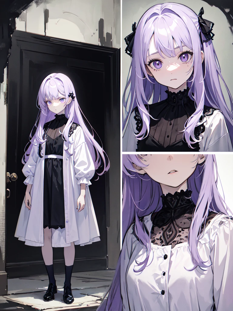 sketch (Character design sheet, same characters, whole body, Three-View, front, ~ ~ ~ side, return),(Very bright:1.1), White Background, [1 Girl:7], (Tilt your head:1.2), ([sketch|watercolor \(Moderate\)]:1.15),full body, Full bangs, Gradient braided hair, (Light purple hair), (Ink blotches:1.1), (pale:1.2),(Light purple:1.2),(Light green:1.2)　and full body, Artistic elements add depth to the work. The overall atmosphere is creepy and nightmarish..., With a unique artistic touch. This movie is、The dark and crazy world of horror movies depicted in HD., Evoke visual stimuli and aesthetic sense, It will terrify and excite the audience....,watercolor画, （Lightless, Eyes without highlights, Evil Eye, A bad looking person with white eyes, It&#39;s a red eyeliner）,whole body絵, Wearing a maid outfit and （Mature face,tall, Wearing black tights,Green Eyes, The skin is hidden　and maid, The background is a dark and desolate landscape, Horror movie atmosphere. Her figure is extremely beautiful, Emphasizing the dark and crazy elements. Skillfully expressing the effects of light and shadow, detailed, The face and expression of the black costume are also carefully drawn.