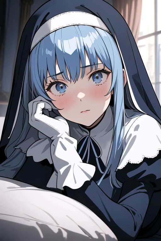 Mature women, nun, blue nun outfit, puffy sleeves, blue cape ,blue long skirt, white gloves, long deep black veil, vail cover her face,(look at viewer), vail covered face, (perfect skin),(no emotion ), anime, room, bedroom, sexy pose