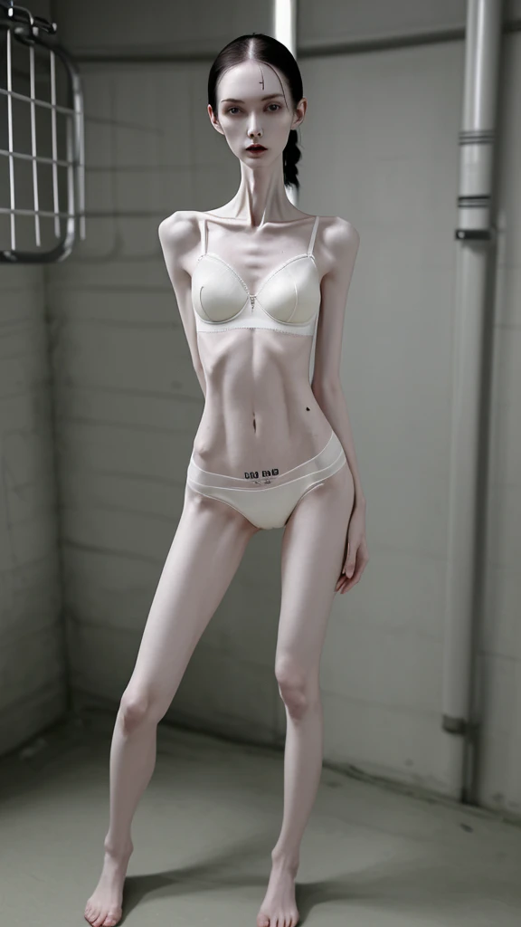 a woman, very thin body, body visible bones, very slender , sweaty weat body, pale white skin, panties, bra,tatto, standing in a prison setting, full body