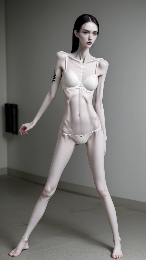 a woman, very thin body, body visible bones, very slender , sweaty weat body, pale white skin, panties, bra,tatto, standing in a prison setting, full body