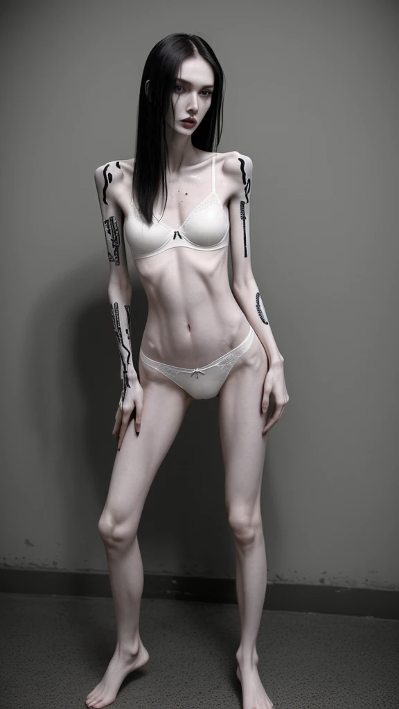 a woman, very thin body, body visible bones, very slender , sweaty weat body, pale white skin, panties, bra,tatto, standing in a prison setting, full body