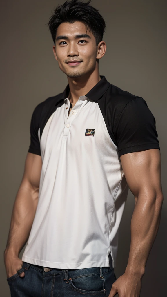 Thai man, short hairstyle, buzz cut, handsome, muscular, big muscles, wide shoulders, male model wearing a black polo shirt and jeans, standing and smiling.