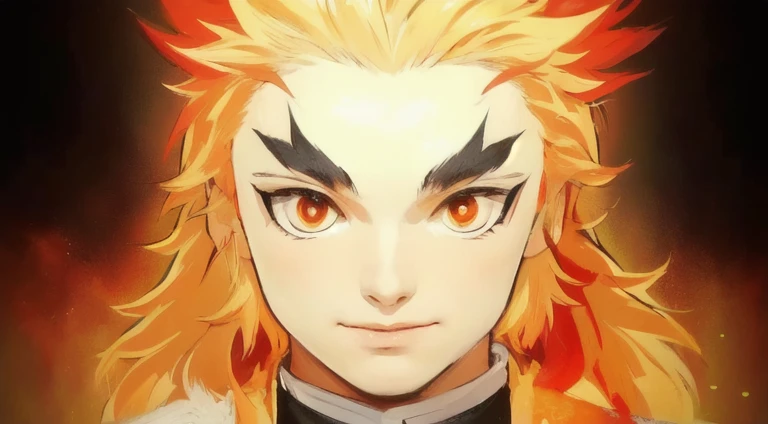 a man, with fire like color hair, fire like eyes, black clothes with white edge, black background with fire surrounding the man