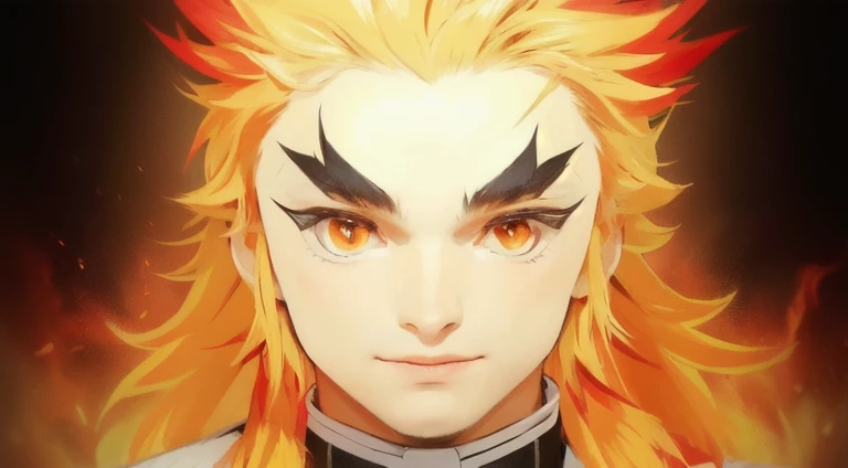 a man, with fire like color hair, fire like eyes, black clothes with white edge, black background with fire surrounding the man