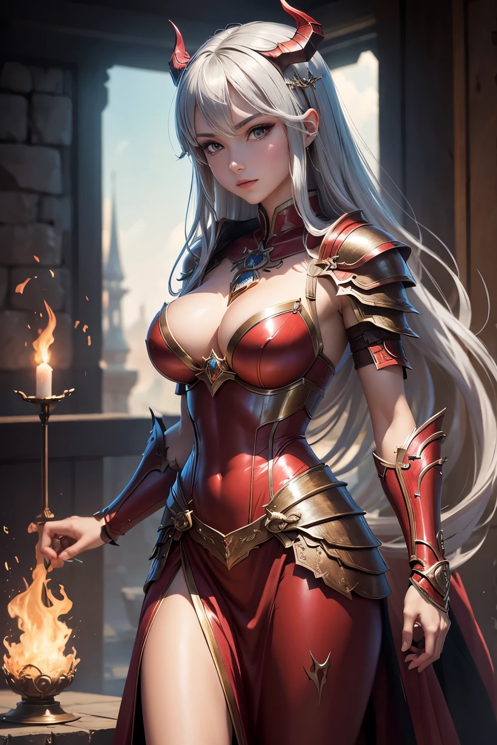 8K、赤いFlame-themed chest armor,A bewitching succubus in gorgeous red armor.,so beautiful(Like the real thing)、A long skirt with a luxurious red flame motif.,An Al-Afed woman poses for a photo with a sword and armour、Beautiful wavy silver hair、Big and ample breasts、Flame-themed chest armor(red and silver)2。5d cgi anime Fantasy artwork、Fan Art Mayor Art Station、デジタルFantasy art)、Big blow Loss Draw、Woman in armor、壮大なFantasy artスタイル、Beautiful Succubus、Charm、Beautiful fangs、Looking at the audience、Captivating Gaze、Laughter、masterpiece,masterpiece,Photorealistic RAW photos of the highest quality。Bright colors,Rich colors, Backlight, Cinema Lighting, Film Grain, to be born, 50mm lens, Nikon D850,Realistic Skin,Fantasy art,Character Art,Ultra-high resolution,Realistic scale skins,Goddess of Evil,Muscular Beauty,Extremely stiff abs,