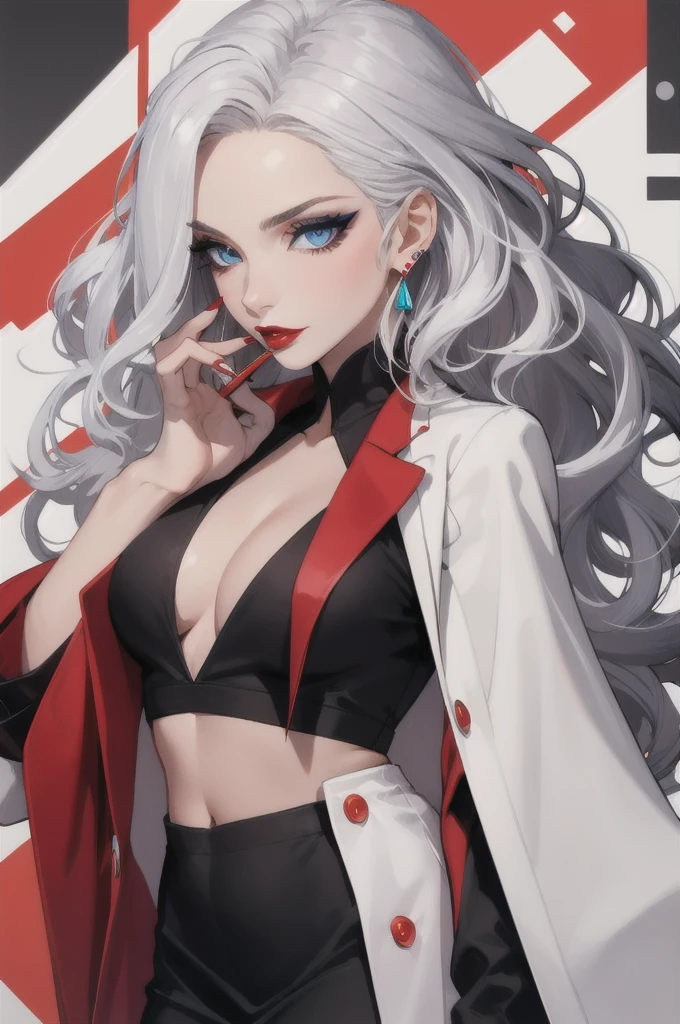 One woman ,red lipstick,black sharp jawline,face makeup, jhumka earrings ,blue eyes, dress ,navel,white hair,long wavy hair, foundation, eyeliner, eyeshadow,red lipstick , business suit,