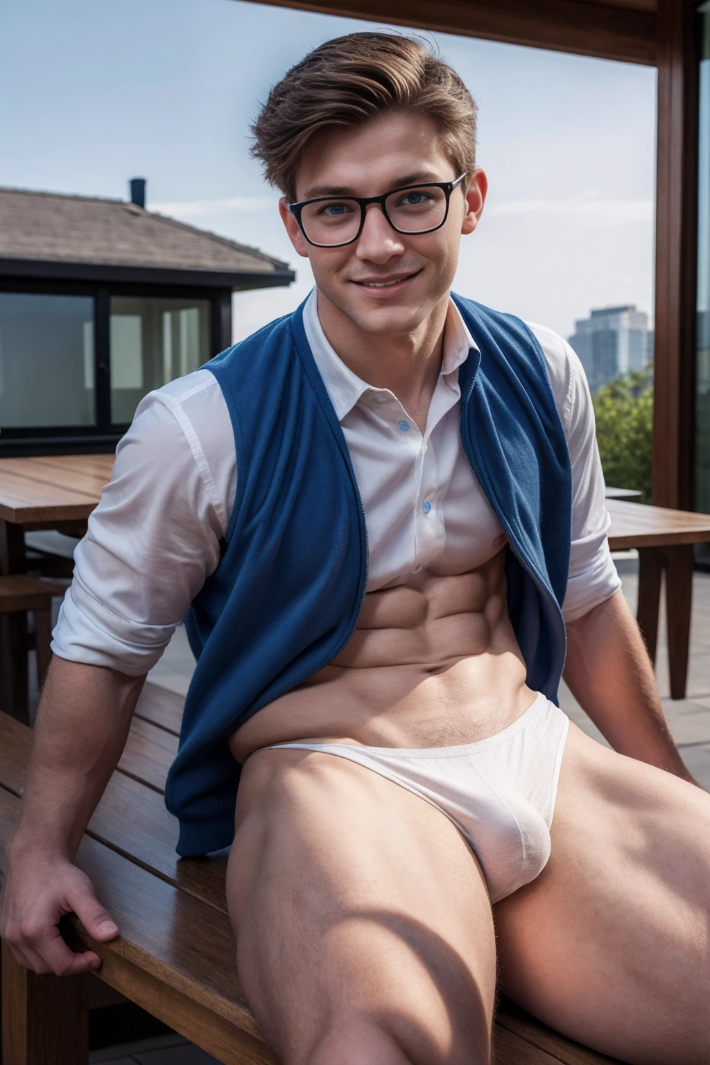 1boy, (Blue Eyes), happy smile,American boy,18 years old,Wear glasses,man hot nerd,young, thick body, slender, sport body build, child-like,White age boy,Close-up photo,full body photo ,RAW Photo,British private school in the background, sitting on a picnic table, smiling, wearing heartstopper uniform, slacks, (((full body portrait))), wide angle, (male focus:1.4) ,pale skin, skinny, good lighting, very pale skin, light skin, model with attractive body,medium bulge and medium butts,(Best quality, 8k, Masterpiece). High Detail , superior quality, natural lighting, beautiful, sexy, correct anatomy, good composition,realistic shapes, realistic skin tones,Natural eyes,realistic eyes,looking up at viewer,vpl,realistic muscles,Realistic wrinkles on the skin,Realistic arms and legs,Realistic face,realistic hair,Make a sexy and seductive face, Clear Focus: 1.2, Perfect Body virile: 1.4 , Slender Abs: 1.2, Highly detailed face and skin texture, detailed eyes, double eyelids, big upper lip, man focus,amazing composition, front view, HDR, volumetric lighting, ultra quality, elegant,Post a erotic photoshoot,Realistic pose,detailed hair,full body,Fujifilm XT3 photorealistic art by midjourney