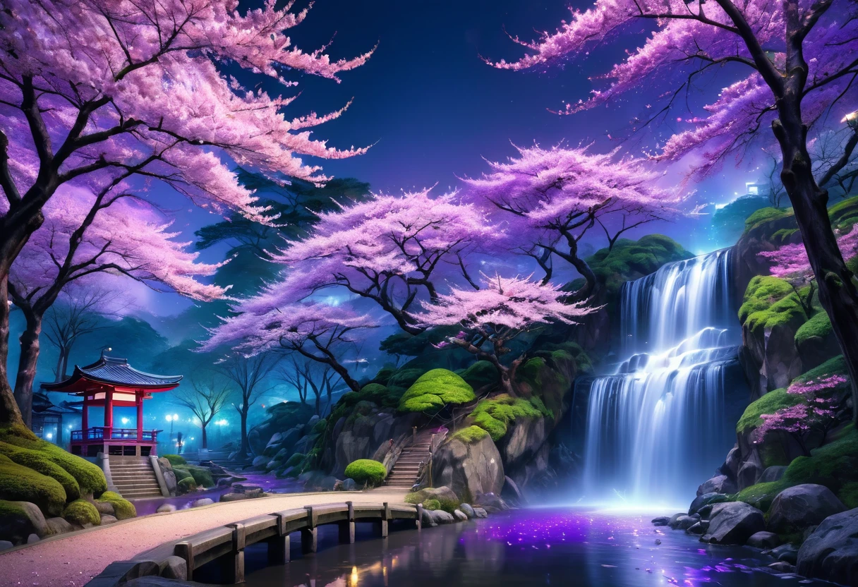 japanese park, mystical artistic, sakura falls, purple lighting, HDR, 4k resolution, (painting realistic : 1.3), (ultra high resolution: 1.0 ), (((best quality, 8 thousand, masterpiece:1.4))