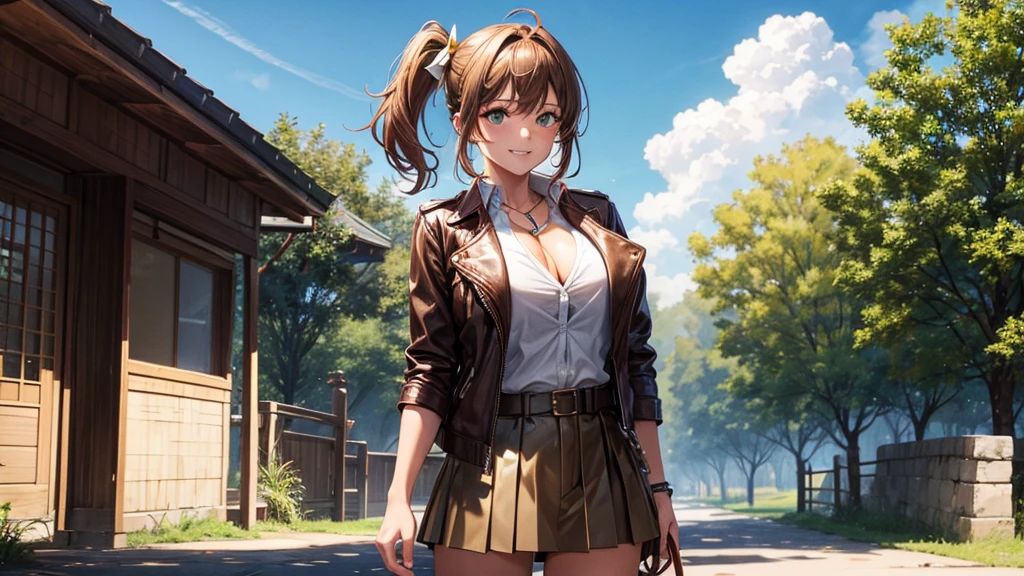 1girl, solo, full body, summer, village, trees, sun, clouds, ((colorful hair)), side ponytail, large breasts, ((brown leather jacket)), brown leather shorts, button down shirt, ((black shirt)), ((unbuttoned shirt)), unbuttoning buttons, cleavage 1:3 green eyes, grey skirt, smile, happy, looking at the viewer, standing, hair ribbon, golden necklate
