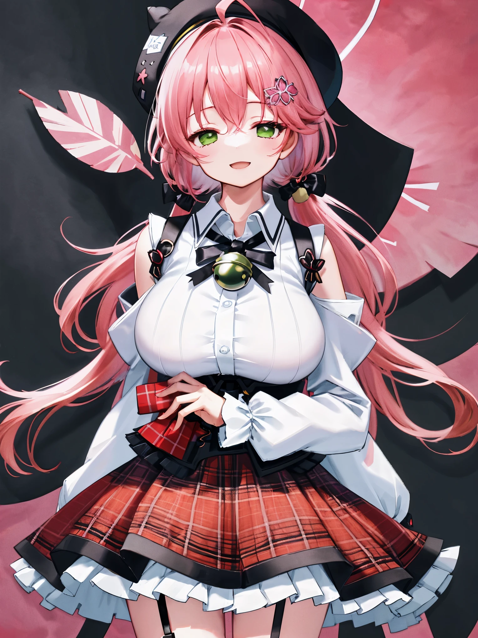 masutepiece, Best_Quality, hight_resolution, miko2,Ponytail, 1girl, Green eyes, Ahoge, black headwear, Hair Ornament, White shirt, black thighhighs, Pink hair, Red_skirt, very_short_skirt, plaid skirts, garter_strap, Collared shirt, hair clips, frilld, Bangs, hair between eye, frills skirt, beret, Pleated skirt, Hair Flower, Neck bell, , puffy long sleeves, Black bow, Underbust, Cowboy Shot,Smile, (gigantic_breasts:1.3),covered_nipples, covered_pussy,(closed_eyes:1.3), happy, childlike_posing,spread_legs,sleepy,(smile:1.2),plump,open_mouth,