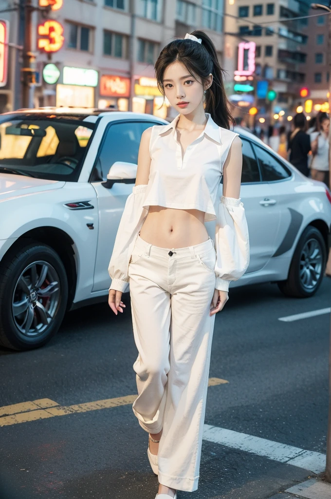 (((best quality))),(((ultra detailed))),(((masterpiece))),illustration,((1 beautiful girl,solo)),((slim,thin)),((small breasts,flat chest,navel)),(short ponytail:1.2), summer night, city streets, (white collared sleeved shirt:1.3),(underneath the shirt was white tank top:1.2),(baggy white long pants:1.2), gentle breeze, see-through shirt,rolled-up sleeves, casualness, youthful charm, natural beauty, facial features,ankles, vibrant colors, neon signs, streetlights, bustling activity, cars buzzing by, chatter of people, confident, ease, white outfit, vibrant urban landscape,((from front,full body))