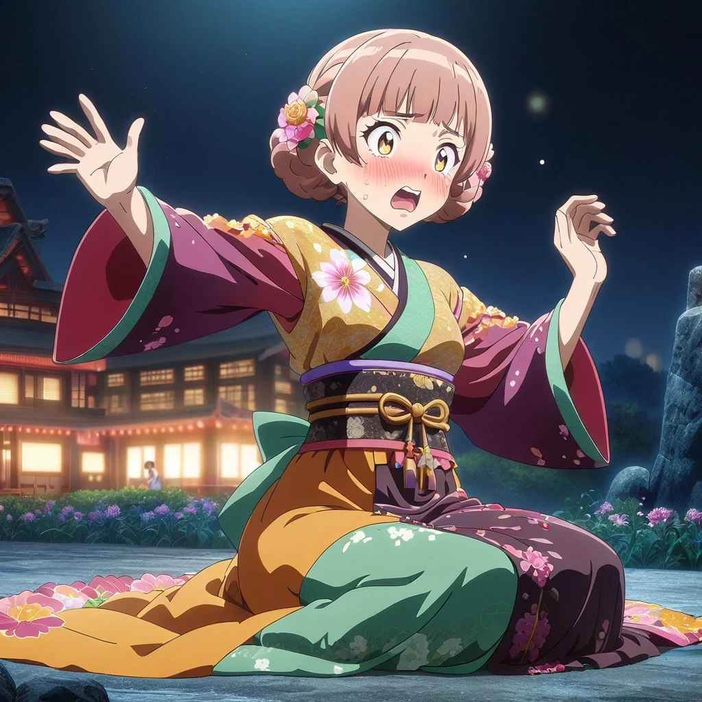 Gorgeous Japanese Mao Abe Hitomi Tanaka show in dark hanfu, long skirt, anime style, anime realism, mixed with Mao Abe Hitomi Tanaka, surprised, drunk, sitting on the ground, golden eyes, wavy red hair woman, twenties, flexible female body, anime style, detailed eyes, detailed hands, detailed face, colors, flower, night,