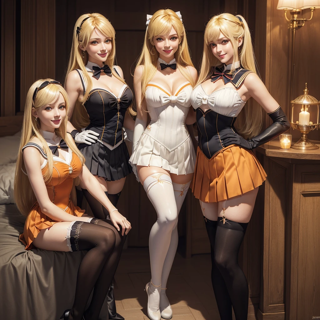 Beautiful 3 girl, full body shot, (blonde hair, straight blonde hair: 1.28), clear skin, (beautiful face and hair), pale skin, medium breasts, cleavage, (thin hips, thin waist , athletic body: 1.25), (stockings), detailed skin, smile open mouth), black and silver and orange color scheme, highly detailed)), 8k textures, soft light, elegant, highly detailed, sharp focus, soothing tones, hyperdetailed, low contrast, hdr, faded, bed, ((sailor venus outfit, long gloves, jewelry, make-up, glowing red eyes, smile, open mouth, pleated skirt, Bosque, leotard, pleated skirt, bow on chest, knee high stockings)) realistic, side by side