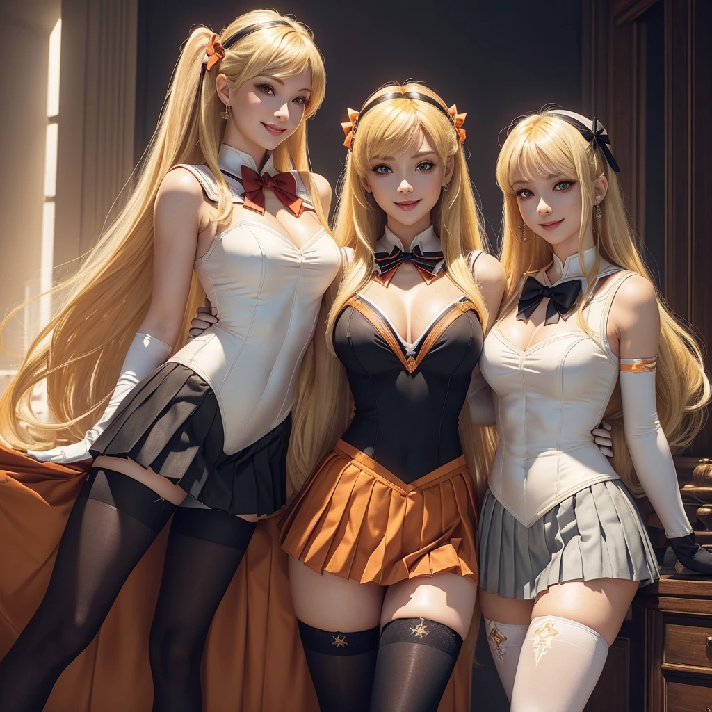 Beautiful 3 girl, full body shot, (blonde hair, straight blonde hair: 1.28), clear skin, (beautiful face and hair), pale skin, medium breasts, cleavage, (thin hips, thin waist , athletic body: 1.25), (stockings), detailed skin, smile open mouth), black and silver and orange color scheme, highly detailed)), 8k textures, soft light, elegant, highly detailed, sharp focus, soothing tones, hyperdetailed, low contrast, hdr, faded, bed, ((sailor venus outfit, long gloves, jewelry, make-up, glowing red eyes, smile, open mouth, pleated skirt, Bosque, leotard, pleated skirt, bow on chest, knee high stockings)) realistic, side by side