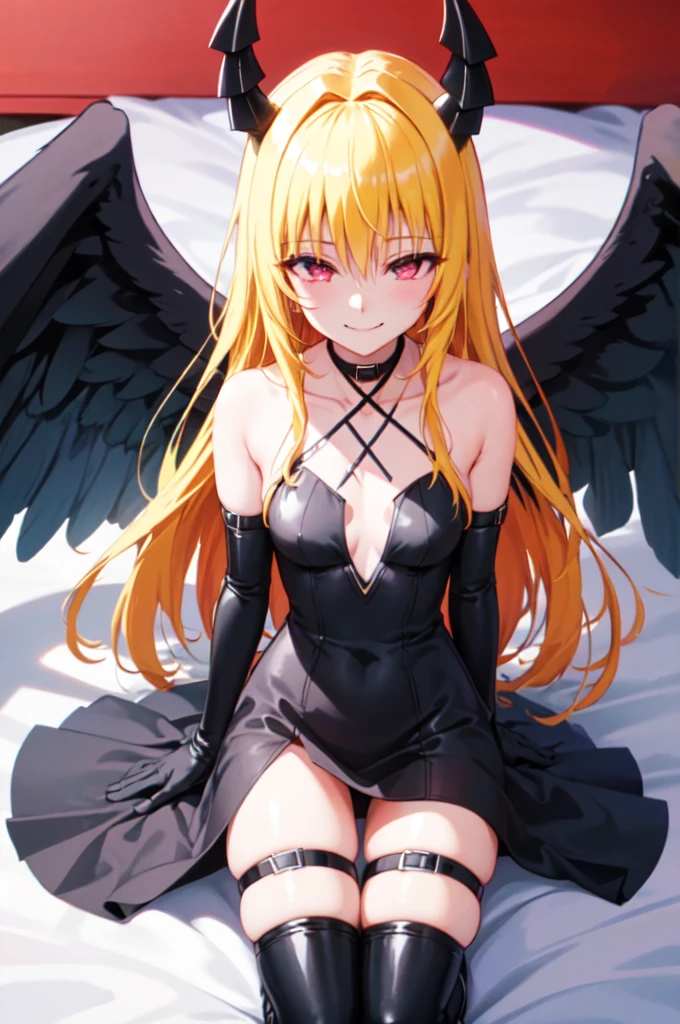(masterpiece:1.6, best quality), (finely detailed beautiful eyes: 1.2), phyami, yamidarkness, 1girl, solo, blonde hair, wings, long hair, horns, red eyes, black wings, bare shoulders, hair intakes, collarbone, choker, demon horns, halterneck, feathered wings, collar, anime coloring, hair between eyes, criss-cross halter, black dress, demon girl, bangs, very long hair, light smile, 
laugh at,too evil smile,too evil smirk,looking down at viewer,upper body,smile bad,deep shaded face,evil fall,latex elbow gloves,latex thighhigh boots,Malice,contempt,laugh at,
