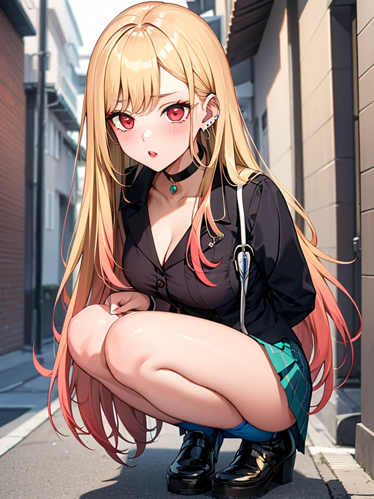 nurse, nurse, Kitagawa Marine, 1girl, blonde hair, long hair, multicolored hair, red eyes, jewelry, earrings, piercing, black choker, skirt lift, panty shot, Squatting, blush, lure, Alley