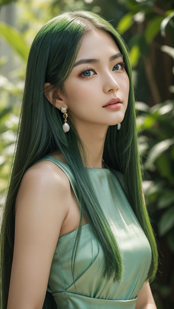 Portrait of woman, Asian, extremely detailed face, gentle and friendly facial expressions, oval face, very white skin, thin and slightly curved eyebrows, very long hair, straight hairstyle , flowing, green hair, charming dull eyes, seductive gaze, earrings, blue eyes, tender red lips, face facing the viewer, gentle and pleasant expression, colored silk dress green.