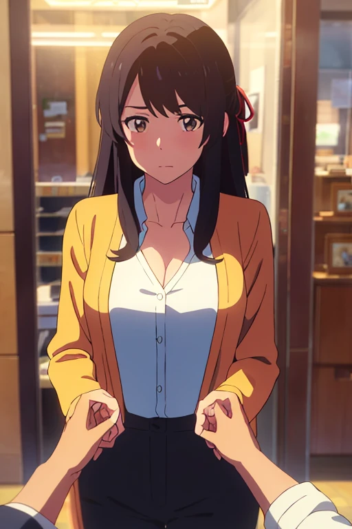 shinkai makoto, kimi no na wa., 1man, buzzut, mustache, wrinkle face, bangs swipe to te Right, office suit, man touching girl chest,chestgrope from behind, kiss cheeks, passionate hug, man is hugging from behind, 1girl, bangs, black hair, brown eyes, Twisted Half Up, red ribbon, long hair, long sleeve light yellow cardigan, open shirt, yellow shirt, cleavage, breast, medium breast, Orange shirt, name tag written "LUMINE Miyamizu", looking at the viewer, indoors, jewelry products, jewelry shop, jewelry saleswoman, indoors, mall, masterpiece, perfect anatomy, cowboyshot, POV (POV boy's hands unbuttoning girl's shirt POV)
