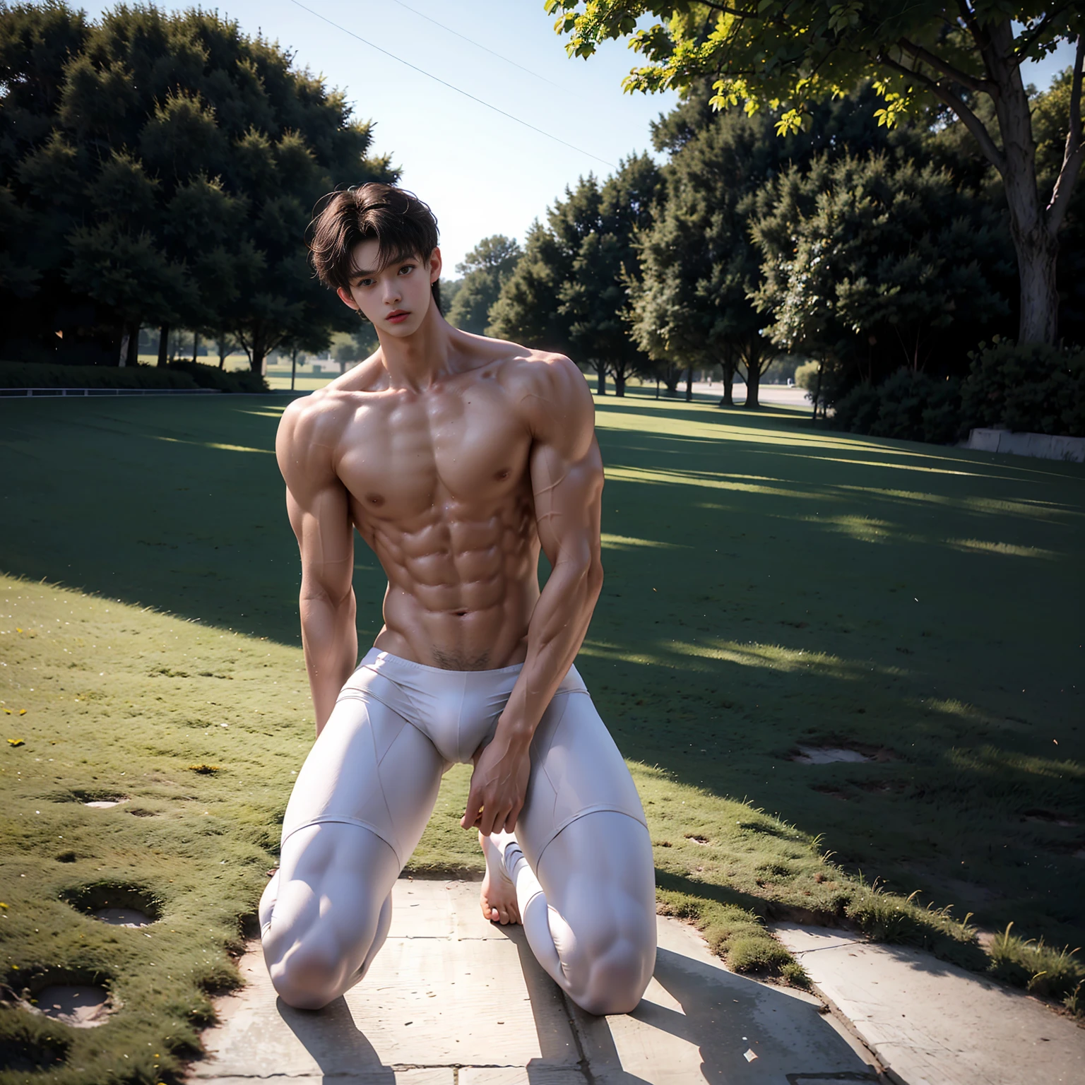 masterpiece,best quality,Look up at the characters,Front view,Stay away from the camera, (An 18-year-old boy with extraordinary development:1.2), (Tall and fit body),(Kneeling upright on the campus lawn),Black and white tight-fitting cycling suit,Broad and straight shoulders,Muscular shoulders,(Extremely strong body),Muscular body,Fitness,Perfect body proportions,Inverted triangle figure,Biceps,Highlight muscle texture, Muscular body,Slender and toned legs,Small head,Handsome and cute face,Perfectly detailed facial features,Looking at the camera,A serious and angry expression,leaning back,head tilt, happy, very short hair, brown hair,(looking at viewer:1.2),Vision