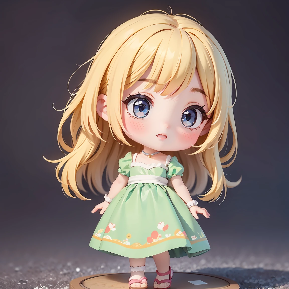 Super Chibi Character：1.8、wearing cute sandals、background：Simple all over、Blonde Hair、Cute 7 year old girl、Cinderella Dresses、Various expressions：1.8、Various poses with moving arms：1.8、Looking this way、LOL