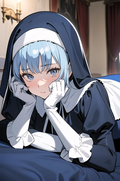 Mature women, nun, blue nun outfit, puffy sleeves, blue cape ,blue long skirt, white gloves, long deep black veil, vail cover her face,(look at viewer), vail covered face, (perfect skin),(no emotion ), anime, room, bedroom, sexy pose, lying down