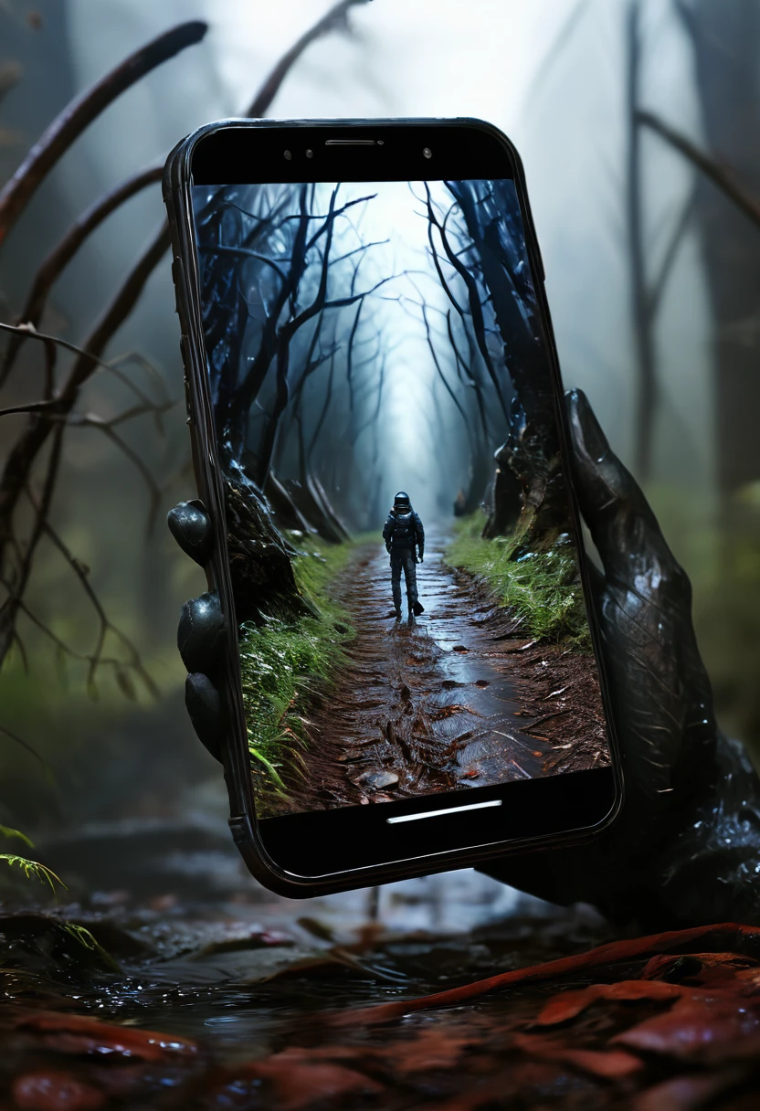 It's very realistic, with a smartphone in your hand and a google map displayed on the smartphone screen, There is a scary space filled with a very frightening atmospherein the depths of the image, The outline of the world appears blurry, outdoor