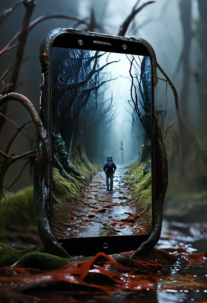 It's very realistic, with a smartphone in your hand and a google map displayed on the smartphone screen, There is a scary space filled with a very frightening atmospherein the depths of the image, The outline of the world appears blurry, outdoor