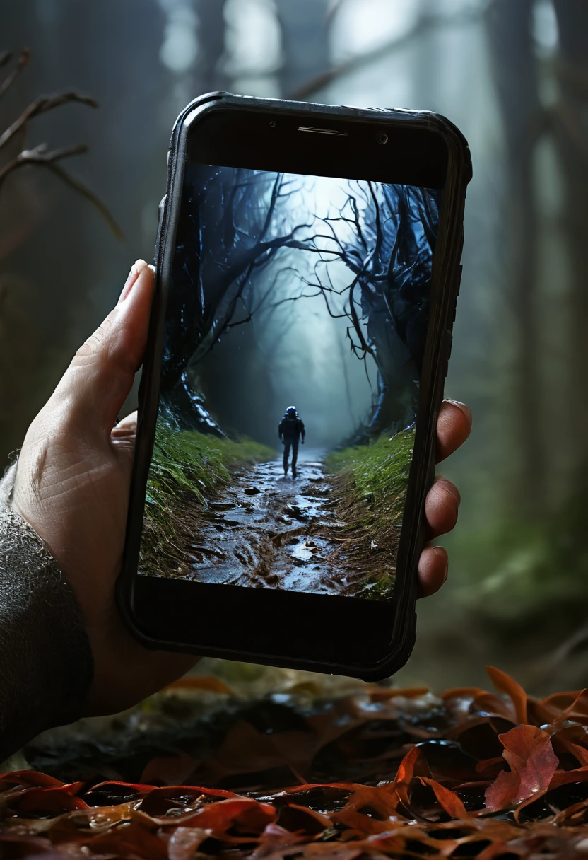 It's very realistic, with a smartphone in your hand and a google map displayed on the smartphone screen, There is a scary space filled with a very frightening atmospherein the depths of the image, The outline of the world appears blurry, outdoor