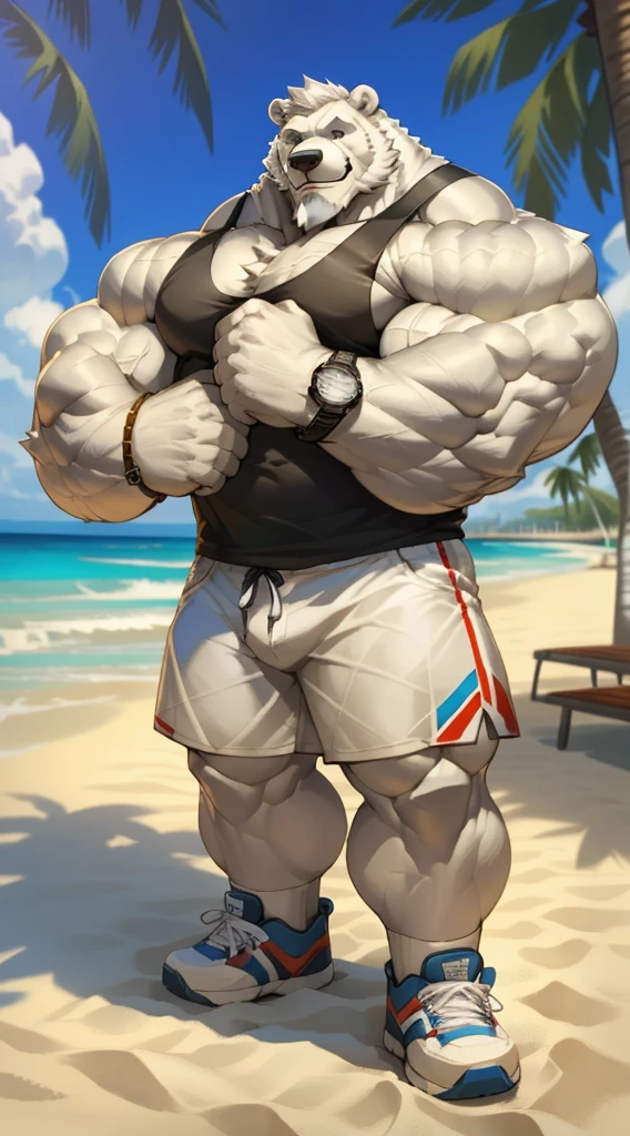 huge muscular polar bear in street city, big smile, polar bear, huge white fur, thick arm, huge arm, bearded. white hair and beard, bearded, (muscular, pectoral, wide pectoral, thick arms), beach, palm, realistic, 8k, masterpiece, (wearing white shorts, wristbabd, watch and tank top, shoes)