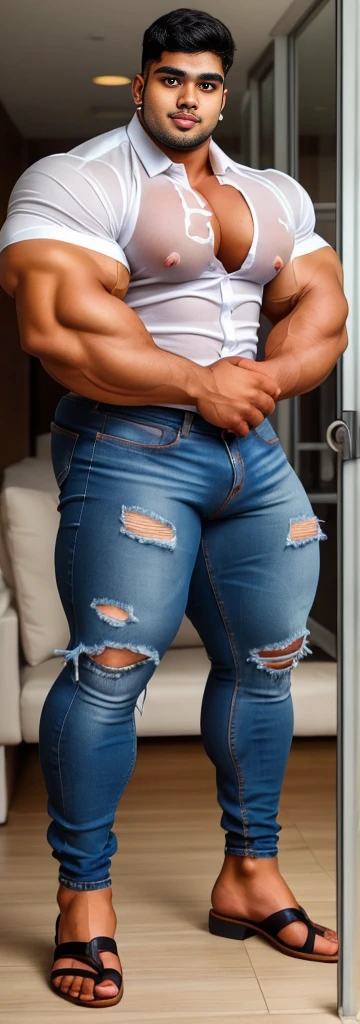 4 meter tall slightly overweight indian man. 21 years old. Young mature face with goatee. Very sexy Posing for camera. Muscular. Wearing a lycra dress shirt and torn jeans. Thick big ass. Very developed long and thick legs. One person only. Even bigger legs. Nipple pierce.