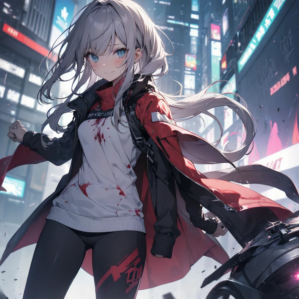 Outlook, Cute Smile, Strange Perspective, White sweater,( change)Moderate, Separate Color,bs shoulder, Blushed,(Gray Hair), White Gloves,White boots,dirty,Torn clothes,Clothing that shows blood:1.3),, Tearing the cloak, tear pantyhose ,Cyberpunk Streetwear,in contrast,Cyberpunk Character Fashion,Wear high fashion clothes, , Bring your poster to life、impressive,Full Wear, Stylish,