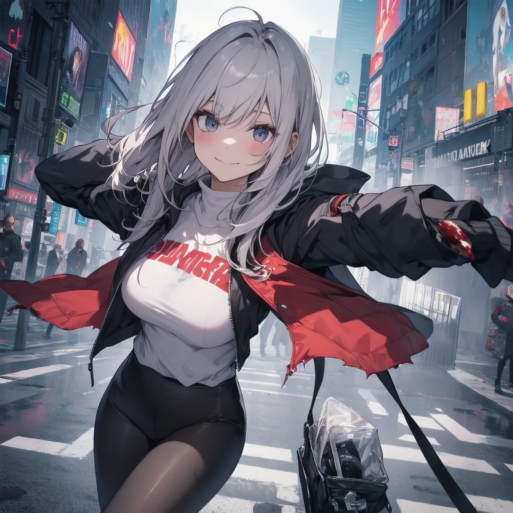 Outlook, Cute Smile, Strange Perspective, White sweater,( change)Moderate, Separate Color,bs shoulder, Blushed,(Gray Hair), White Gloves,White boots,dirty,Torn clothes,Clothing that shows blood:1.3),, Tearing the cloak, tear pantyhose ,Cyberpunk Streetwear,in contrast,Cyberpunk Character Fashion,Wear high fashion clothes, , Bring your poster to life、impressive,Full Wear, Stylish,