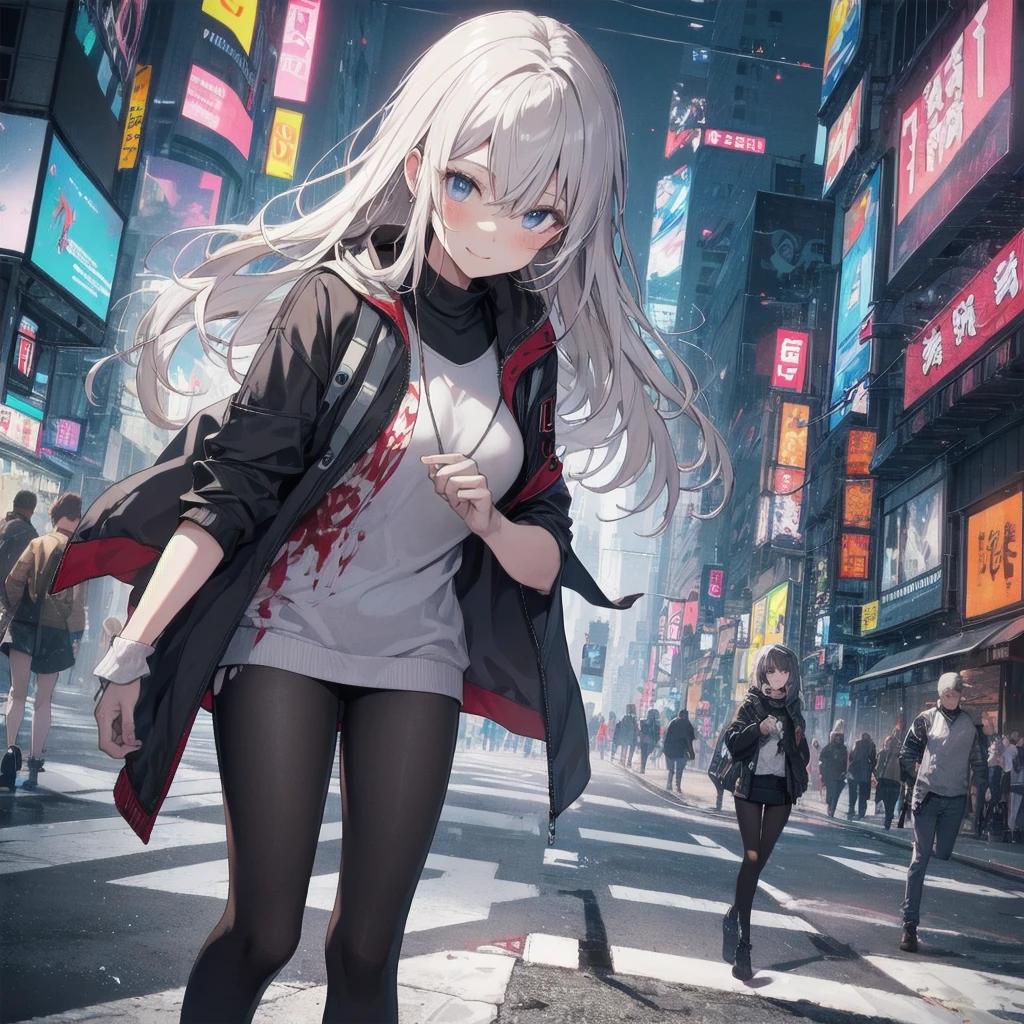 Outlook, Cute Smile, Strange Perspective, White sweater,( change)Moderate, Separate Color,bs shoulder, Blushed,(Gray Hair), White Gloves,White boots,dirty,Torn clothes,Clothing that shows blood:1.3),, Tearing the cloak, tear pantyhose ,Cyberpunk Streetwear,in contrast,Cyberpunk Character Fashion,Wear high fashion clothes, , Bring your poster to life、impressive,Full Wear, Stylish,