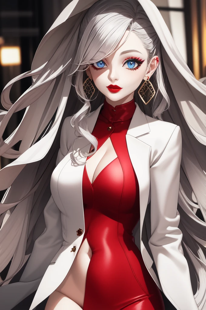 One woman  ,red lipstick,black sharp jawline,face makeup, jhumka earrings ,blue eyes, dress ,navel,white hair,long wavy hair, foundation, eyeliner, eyeshadow,red lipstick , business suit,