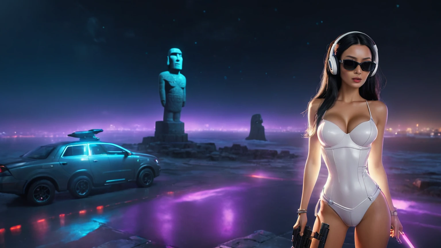 At night, dark sky, distant shot aerial view of fantasy cyberpunk style ice ((Moai-statue)) city, ((flying car)). ((1girl, solo, alone)), medium-breast:1.1 slim body, cleavage, sexy clothes, (headphone, black sunglasses, long black realistic hair), (((hip-up standing and holding pistol))), (((((half-body thigh level medium shot))))), cinematic lighting, lens flare, ray tracing.