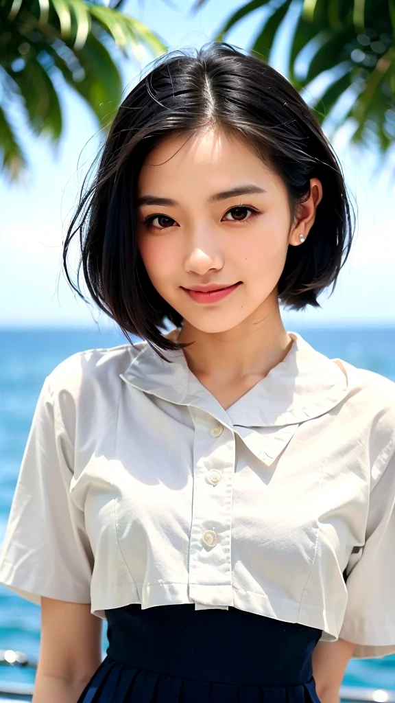(1 woman:1.99)、(Wide forehead、Very short hair、Very small amount of hair、Forehead、Fuji frame:1.1)、Sunburn、17 years old、Naughty、Happy expression、満面のsmile、Weakness、love、I feel very comfortable alone、(sailor suit, dark blue collar, white shirts, short sleeve, school, dark blue skirt, black skirt, tights, school tights, loafers),((Very sleepy、Improves skin texture,smile、Narrow eyes、Very weak eyesight、Very weak eyeliner、Eyes slightly closed、I know the shape of your head、Oval Face))、(slicked back hair:1.25)、Photographic, Raw photo, Mastepiece, Highly detailed photos, Digital SLR, Photo-realistic 1.4, Super hello nothing, Best Quality,(standing、tilting your head、whole body:1.7)