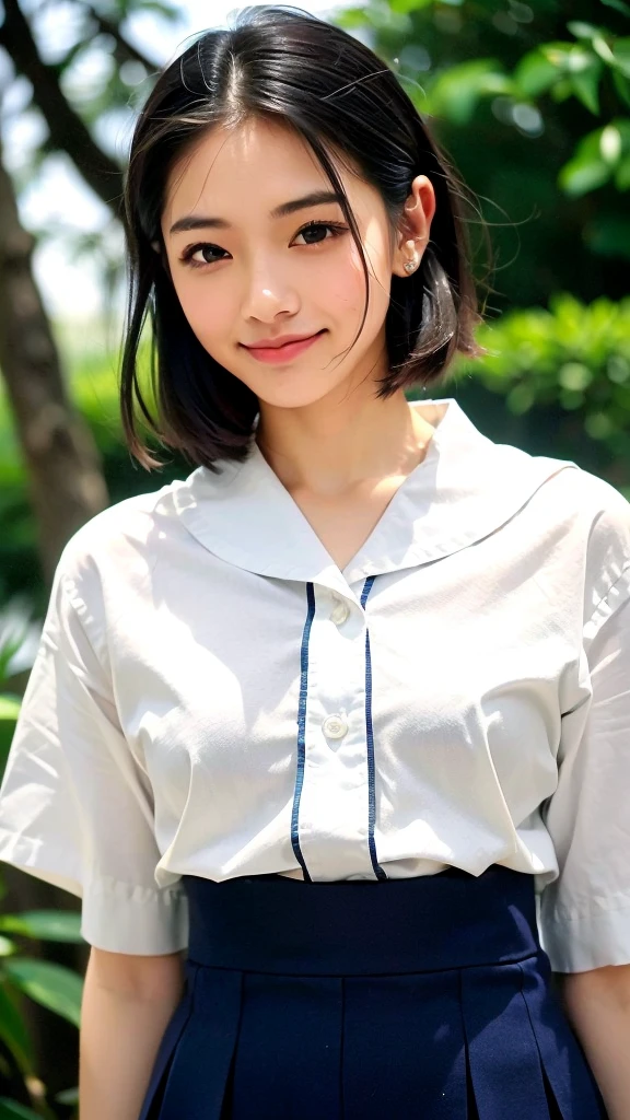 (1 woman:1.99)、(Wide forehead、Very short hair、Very small amount of hair、Forehead、Fuji frame:1.1)、Sunburn、17 years old、Naughty、Happy expression、満面のsmile、Weakness、love、I feel very comfortable alone、(sailor suit, dark blue collar, white shirts, short sleeve, school, dark blue skirt, black skirt, tights, school tights, loafers),((Very sleepy、Improves skin texture,smile、Narrow eyes、Very weak eyesight、Very weak eyeliner、Eyes slightly closed、I know the shape of your head、Oval Face))、(slicked back hair:1.25)、Photographic, Raw photo, Mastepiece, Highly detailed photos, Digital SLR, Photo-realistic 1.4, Super hello nothing, Best Quality,(standing、tilting your head、whole body:1.7)