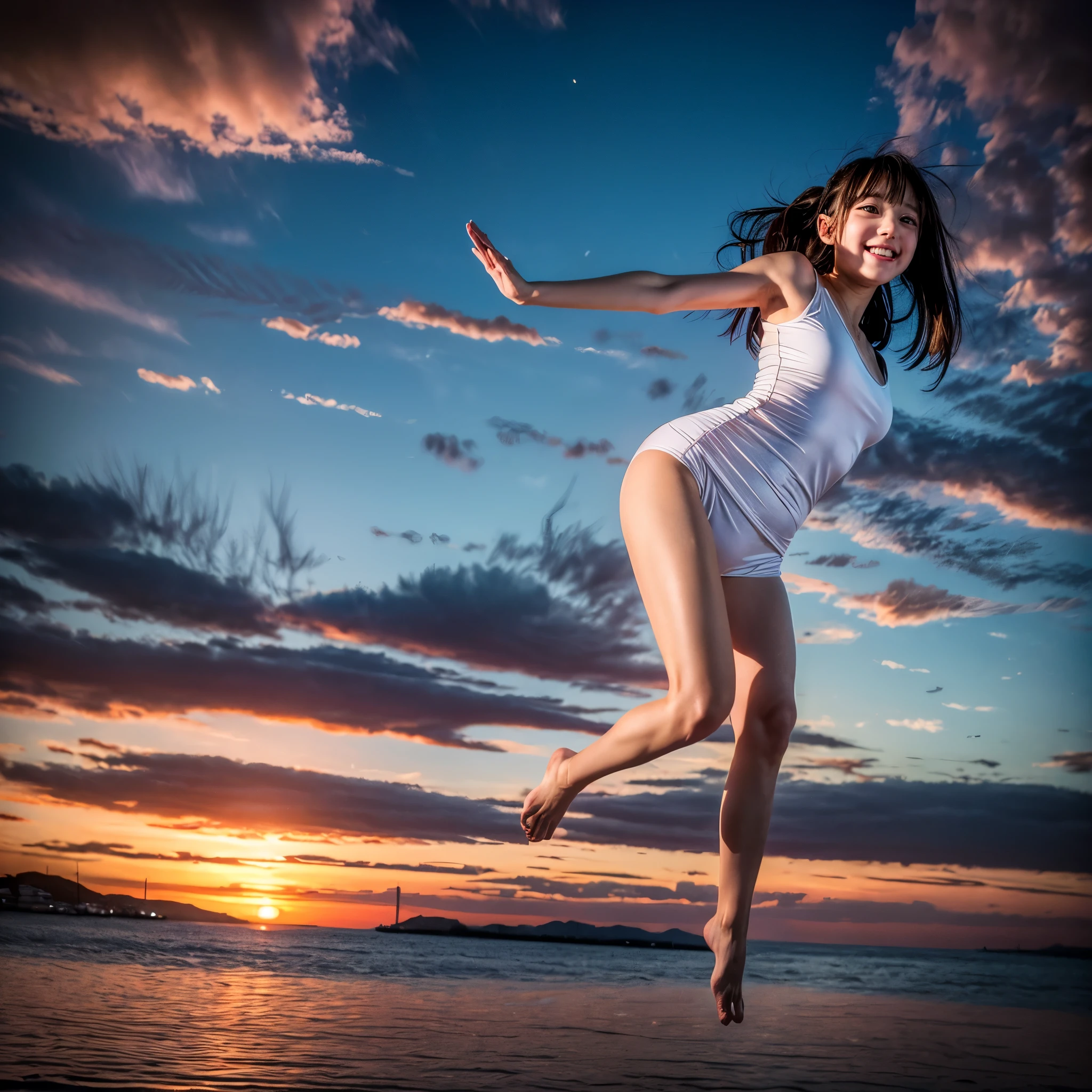 ((ExtremelyDetailed ( KAWAII Girl Floating:1.37) in WHITE at Dusk Enoshima Beach)), (masterpiece 8K TopQuality) (ProfessionalPhoto:1.37), {(Standing Full Body:1.2)|(from below:1.2)}, Different types of hair colors, {(White skinny(School Swimwear))|(SchoolUniform) with Tiny AthleticShorts}, {Corrected Childish hand|Hidden hand|Armpit|Different types of breasts|(Clearly Visible the shape of Butt)}, Joyful Expressions LifeLike Rendering, PerfectLighting, Dazzling Horizon {Colorful Clouds | Starry IridescentParticles} VolumetricLighting (Acutance:0.8)