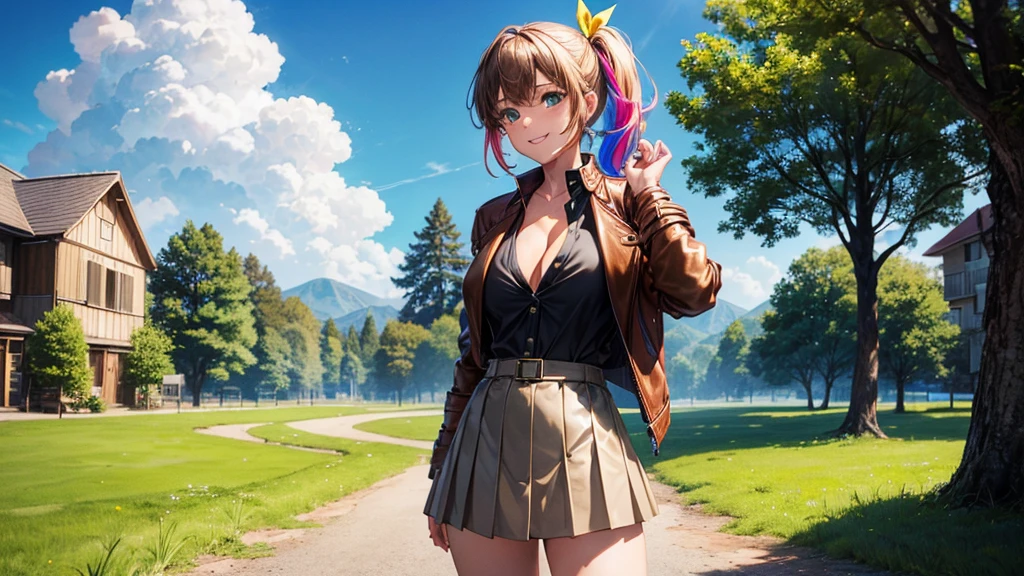 1girl, solo, full body, summer, village, trees, sun, clouds, ((colorful hair)), side ponytail, large breasts, ((brown leather jacket)), button down shirt, ((black shirt)), ((unbuttoned shirt)), unbuttoning buttons, cleavage 1:3 green eyes, grey skirt, smile, happy, looking at the viewer, standing, hair ribbon, golden necklate