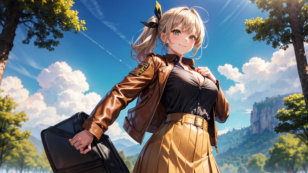 1girl, solo, full body, summer, village, trees, sun, clouds, ((colorful hair)), side ponytail, large breasts, ((brown leather jacket)), button down shirt, ((black shirt)), ((unbuttoned shirt)), unbuttoning buttons, cleavage 1:3 green eyes, grey skirt, smile, happy, looking at the viewer, standing, hair ribbon, golden necklate