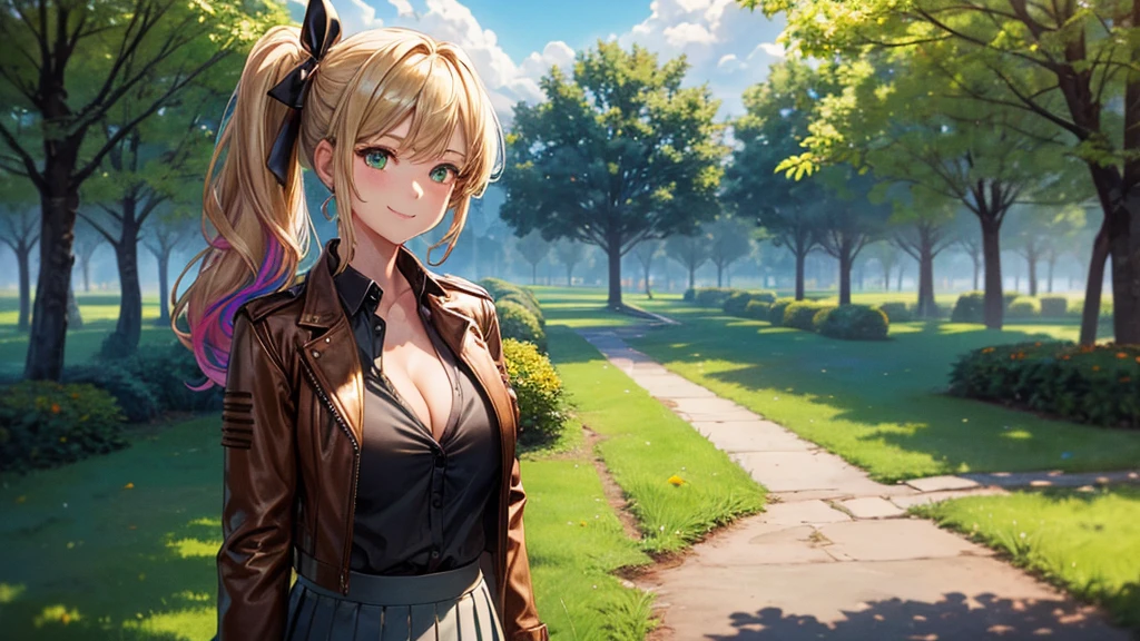 1girl, solo, full body, summer, village, trees, sun, clouds, ((colorful hair)), side ponytail, large breasts, ((brown leather jacket)), button down shirt, ((black shirt)), ((unbuttoned shirt)), unbuttoning buttons, cleavage 1:3 green eyes, grey skirt, smile, happy, looking at the viewer, standing, hair ribbon, golden necklate