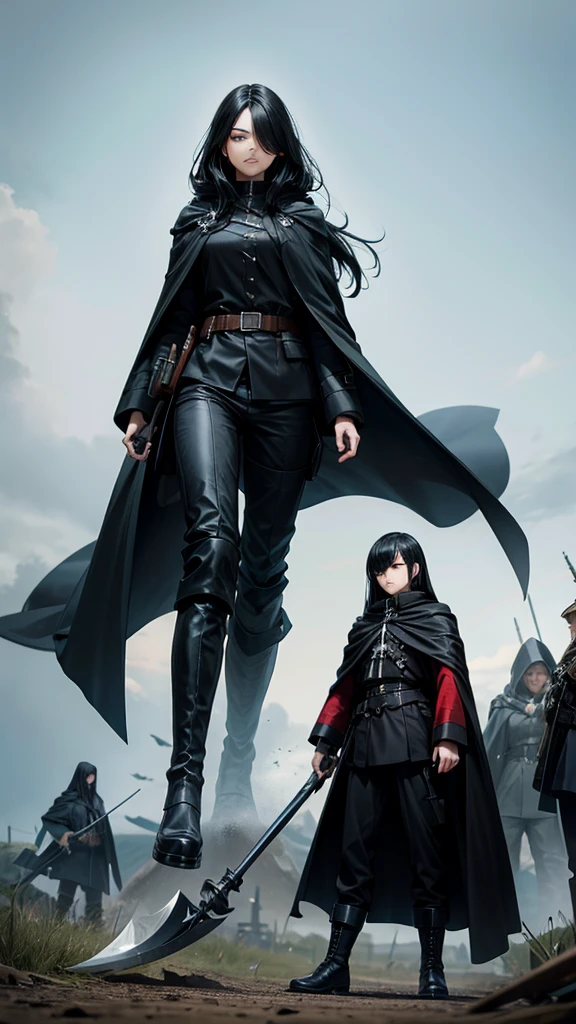 One-eyed beauty with long black hair,Big black cloak,uniform,long pants,boots,giant axe,army battlefield