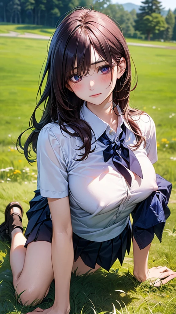 (masterpiece:1.2, top-quality), (realistic, photorealistic:1.4), beautiful illustration, (natural side lighting, movie lighting), nsfw,
looking at viewer, face focus, upper body, 1 girl, japanese, high school girl, perfect face, cute and symmetrical face, shiny skin,
(long hair:1.5, straight hair:1.4, dark purple hair), hair over one eye, dark purple, long eye lasher, (large breasts, seductive thighs, big ass), nipple hardening, slender,
beautiful hair, beautiful face, beautiful detailed eyes, beautiful clavicle, beautiful body, beautiful chest, beautiful thigh, beautiful legs, beautiful fingers,
((detailed cloth texture, short sleeves white collared shirts, navy pleated mini skirt), black tie),
(beautiful scenery), A girl is on all fours in a grassy field. She is carrying a large dog on her back and mating in the rear position.
Her face is bright red and flushed, with an embarrassed expression on her face.
She is wearing a very short skirt.