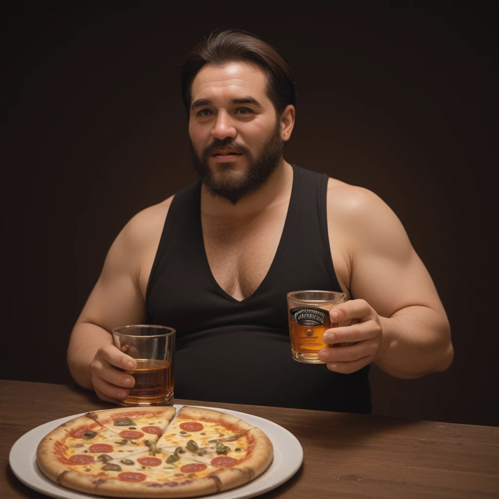 cowboy bearded woman with a glass of whiskey and a pizza