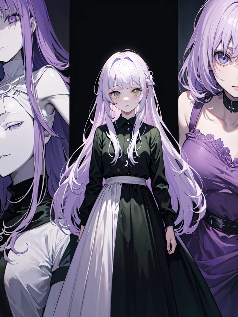 sketch (Character design sheet, same characters, whole body, Three-View, front, ~ ~ ~ side, return),(Very bright:1.1), White Background, [1 Girl:7], (Tilt your head:1.2), ([sketch|watercolor \(Moderate\)]:1.15),full body, Full bangs, Gradient braided hair, (Light purple hair), (Ink blotches:1.1), (pale:1.2),(Light purple:1.2),(Light green:1.2)　and full body, Artistic elements add depth to the work. The overall atmosphere is creepy and nightmarish..., With a unique artistic touch. This movie is、The dark and crazy world of horror movies depicted in HD., Evoke visual stimuli and aesthetic sense, It will terrify and excite the audience....,watercolor画, （Lightless, Eyes without highlights, Evil Eye, A bad looking person with white eyes, It&#39;s a red eyeliner）,whole body絵, Wearing a maid outfit and （Mature face,tall, Wearing black tights,Green Eyes, The skin is hidden　and maid, The background is a dark and desolate landscape, Horror movie atmosphere. Her figure is extremely beautiful, Emphasizing the dark and crazy elements. Skillfully expressing the effects of light and shadow, detailed, The face and expression of the black costume are also carefully drawn.