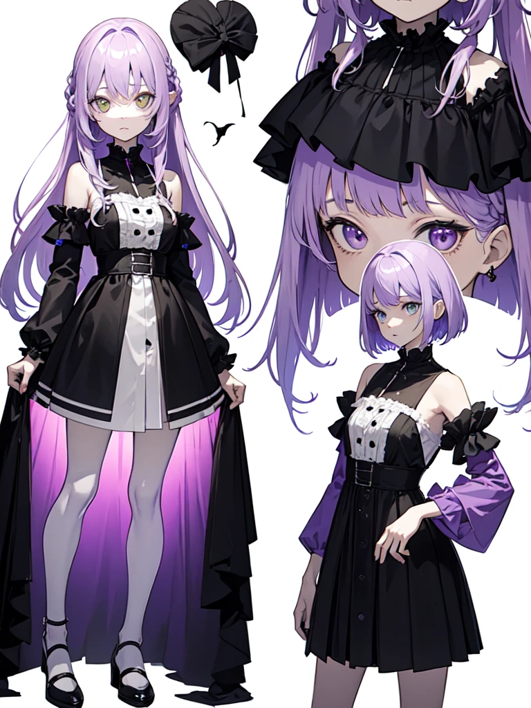 sketch (Character design sheet, same characters, whole body, Three-View, front, ~ ~ ~ side, return),(Very bright:1.1), White Background, [1 Girl:7], (Tilt your head:1.2), ([sketch|watercolor \(Moderate\)]:1.15),full body, Full bangs, Gradient braided hair, (Light purple hair), (Ink blotches:1.1), (pale:1.2),(Light purple:1.2),(Light green:1.2)　and full body, Artistic elements add depth to the work. The overall atmosphere is creepy and nightmarish..., With a unique artistic touch. This movie is、The dark and crazy world of horror movies depicted in HD., Evoke visual stimuli and aesthetic sense, It will terrify and excite the audience....,watercolor画, （Lightless, Eyes without highlights, Evil Eye, A bad looking person with white eyes, It&#39;s a red eyeliner）,whole body絵, Wearing a maid outfit and （Mature face,tall, Wearing black tights,Green Eyes, The skin is hidden　and maid, The background is a dark and desolate landscape, Horror movie atmosphere. Her figure is extremely beautiful, Emphasizing the dark and crazy elements. Skillfully expressing the effects of light and shadow, detailed, The face and expression of the black costume are also carefully drawn.