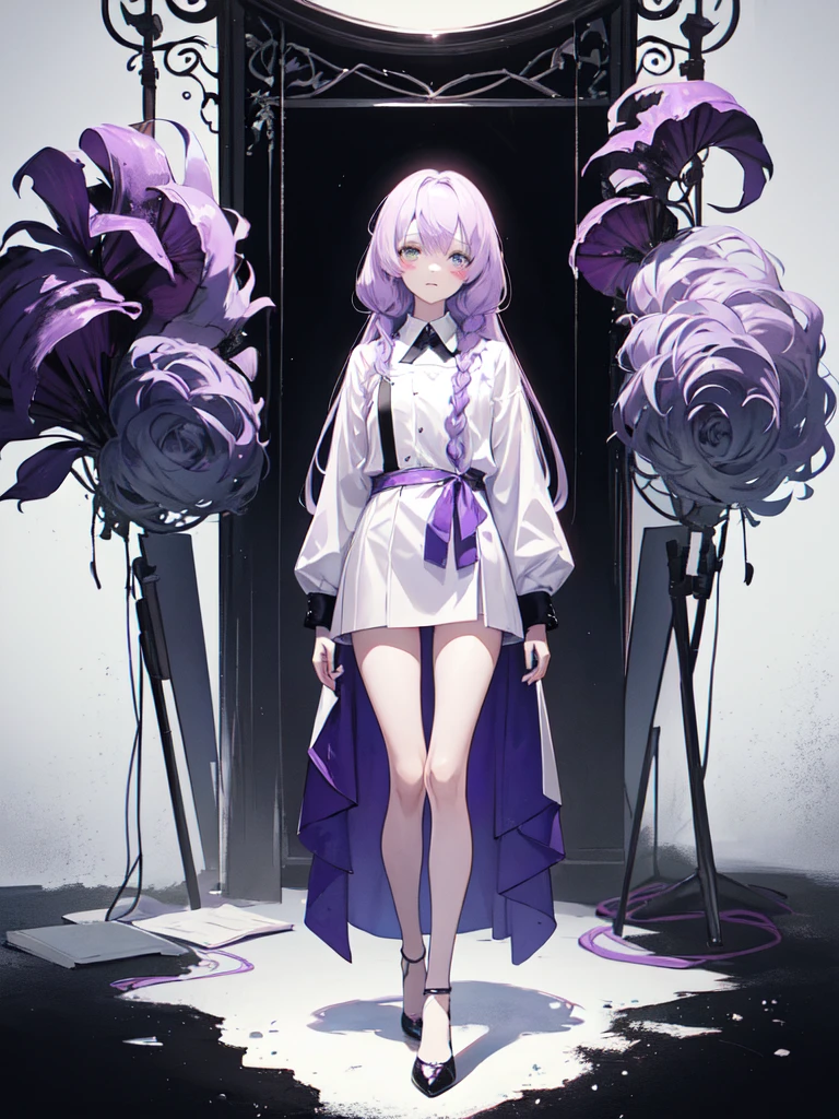 sketch (Character design sheet, same characters, whole body, Three-View, front, ~ ~ ~ side, return),(Very bright:1.1), White Background, [1 Girl:7], (Tilt your head:1.2), ([sketch|watercolor \(Moderate\)]:1.15),full body, Full bangs, Gradient braided hair, (Light purple hair), (Ink blotches:1.1), (pale:1.2),(Light purple:1.2),(Light green:1.2)　and full body, Artistic elements add depth to the work. The overall atmosphere is creepy and nightmarish..., With a unique artistic touch. This movie is、The dark and crazy world of horror movies depicted in HD., Evoke visual stimuli and aesthetic sense, It will terrify and excite the audience....,watercolor画, （Lightless, Eyes without highlights, Evil Eye, A bad looking person with white eyes, It&#39;s a red eyeliner）,whole body絵, Wearing a maid outfit and （Mature face,tall, Wearing black tights,Green Eyes, The skin is hidden　and maid, The background is a dark and desolate landscape, Horror movie atmosphere. Her figure is extremely beautiful, Emphasizing the dark and crazy elements. Skillfully expressing the effects of light and shadow, detailed, The face and expression of the black costume are also carefully drawn.