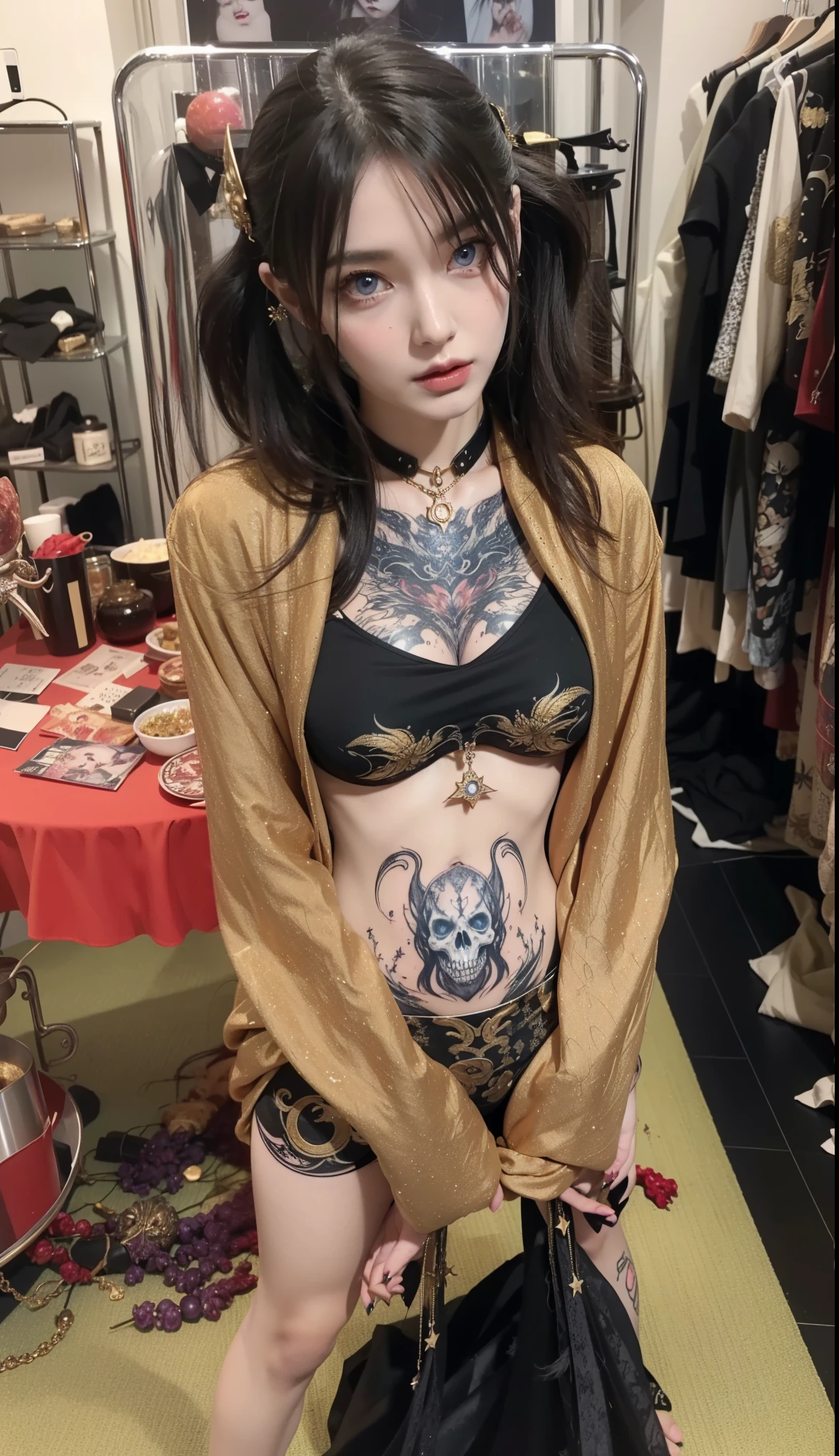 Detailed image quality,Pandora the Witch,wing, Succubus主题,堕落Angel,Excellent,scary,Secret Terror,Tentacles,With eyes,Uncanny Valley Effect,Beast Blood Moon,skeleton,vampire,Hellfire,Dark Queen,Angel,magician magic witch,16岁Angel,Eyes are blue(Pupils as deep as the starry sky),Gorgeous tattoo designs all over the body,Succubus,Dark Queen,Gold Jewelry,breasts symmetrical,Fire Queen,Tattoo designs on abdomen